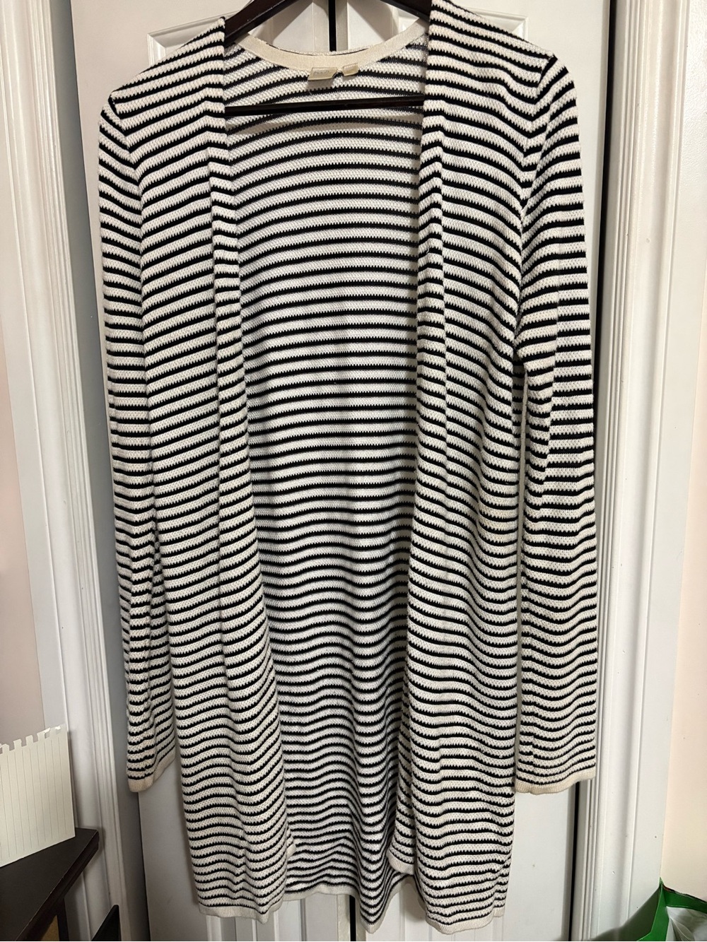 Simons Black & White Striped Long Sleeve Open-Front Cardigan Dress